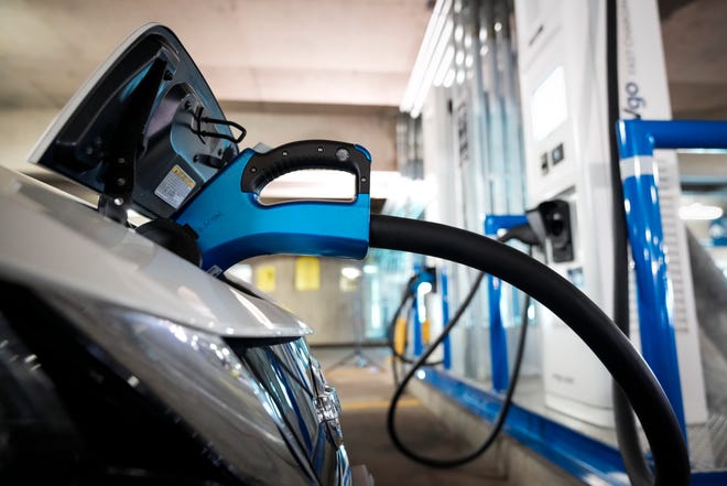 Electric vehicles are displayed before a news conference at Union Station near Capitol Hill on April 22, 2021, in Washington, D.C.