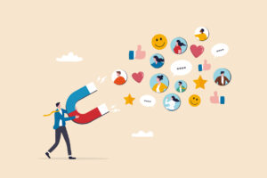 A business man draws in social media engagement and various users into a digital community using a magnet