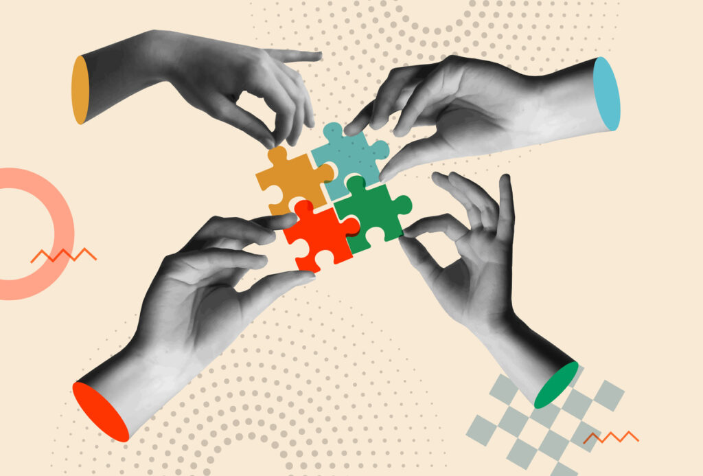 Human hands holding colorful puzzle pieces in 80s retro collage vector illustration. Mixed media artwork for concept of cooperation, teamwork, partnership and successful solutions.